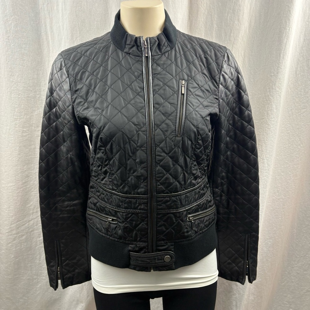 Teenflo Jacket Womens Black Quilted Zip Up With Faux Leather Arms 8 - Picture 1 of 9